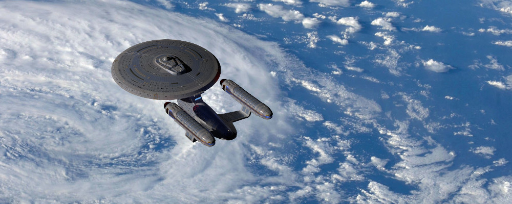 A ship flying over a hurricane.