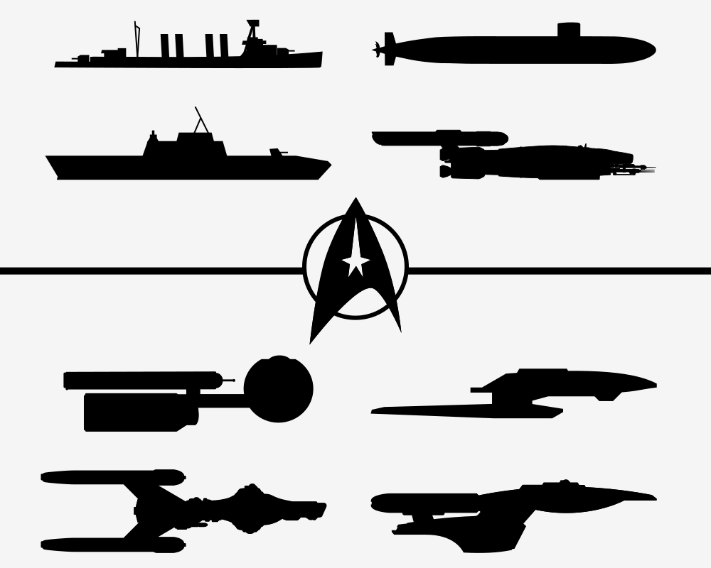 Ship's lineage - series of silhouettes of historical and Trek ships.