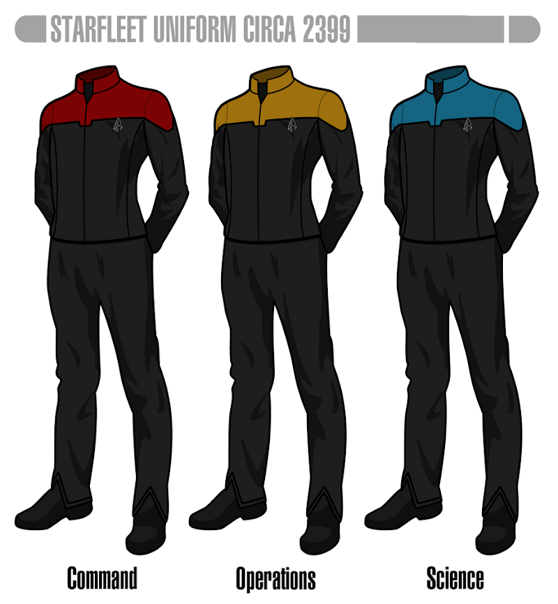 Three example uniforms. They are mostly black, except the shoulders which are red, blue, and gold for the Command, Operations, and Science divisions.